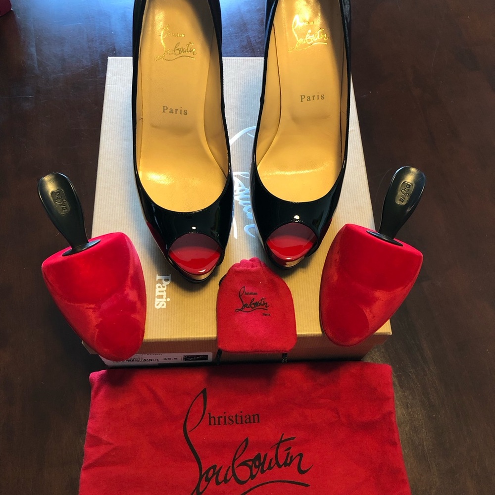 Christian Louboutin Black Patent Peep-Toe Pumps with Red Accents